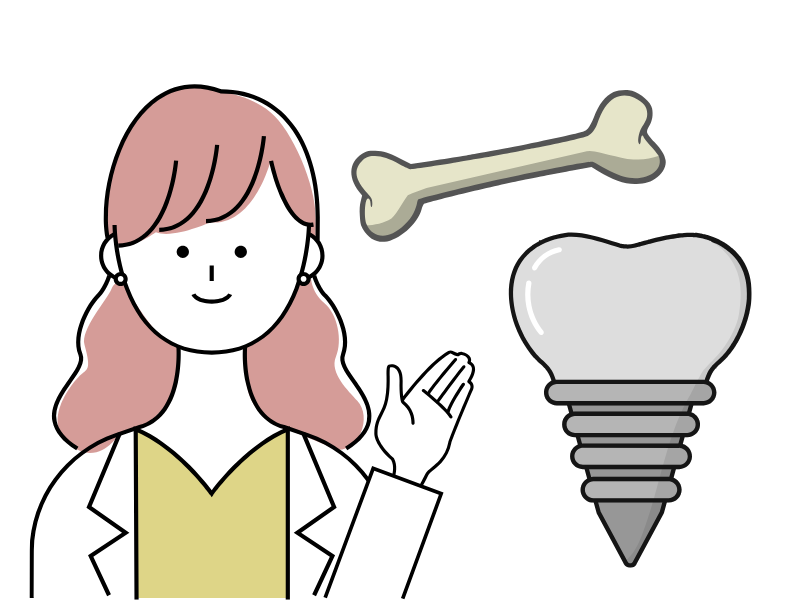 インプラントと骨造成について説明する女性歯科医師のイラスト